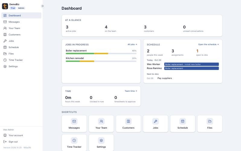 The DemoBiz dashboard: active jobs, the team, jobs in progress with progress bars, today's schedule, and team time