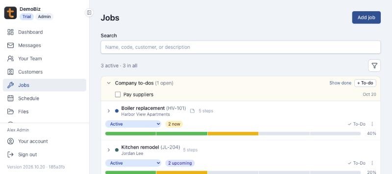 The jobs board: Boiler replacement at 40 percent and Kitchen remodel at 20 percent, each with a progress bar, below the company to-dos