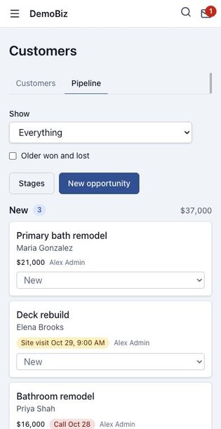 The pipeline on a phone, with the stages stacked: Primary bath remodel, Deck rebuild, and Bathroom remodel in New