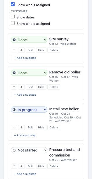 Job steps on an Android phone, with Done, In progress, and Not started statuses